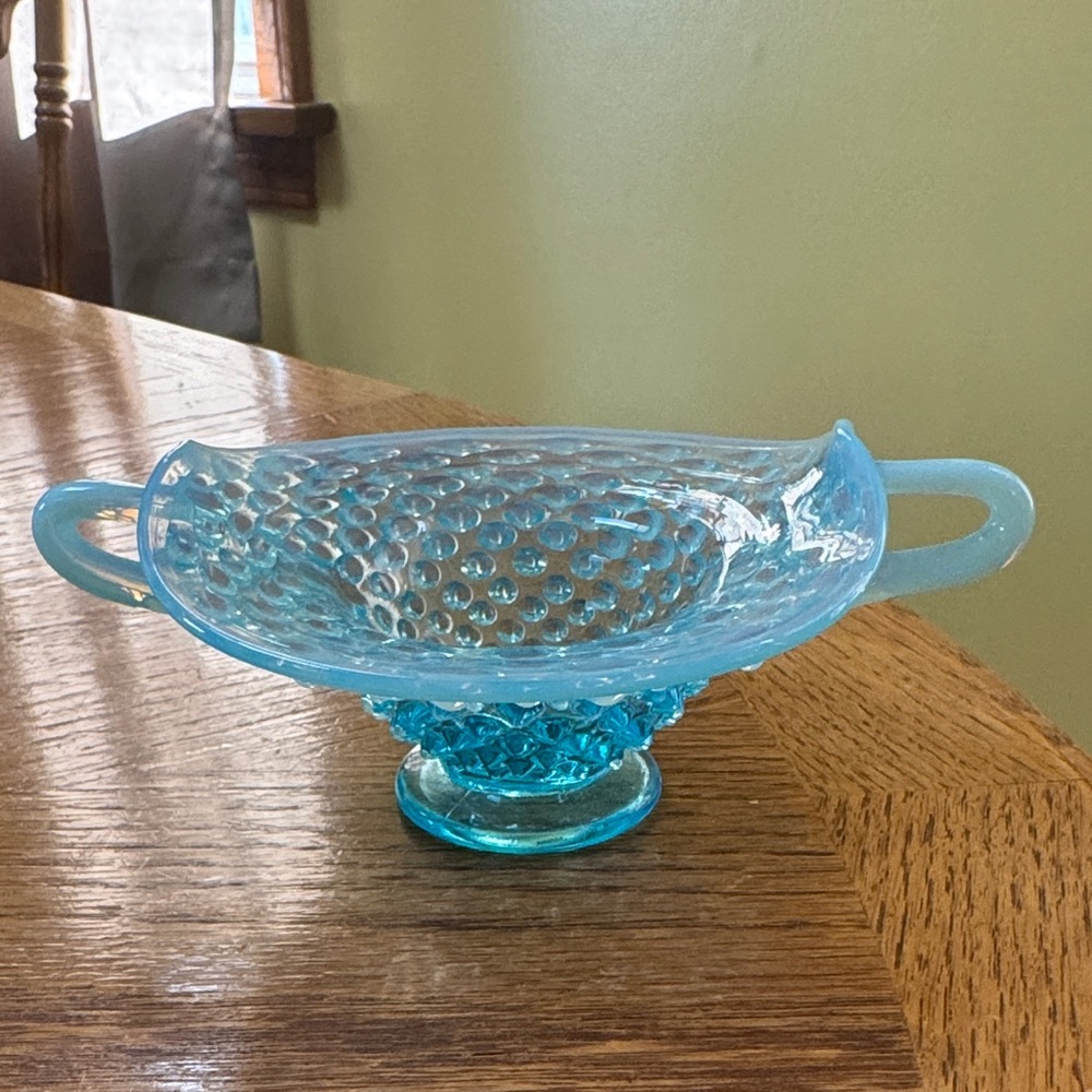 Sold 
Fenton Blue Opalescent Hobnail Double-Handled Bon Bon Dish 6.25”